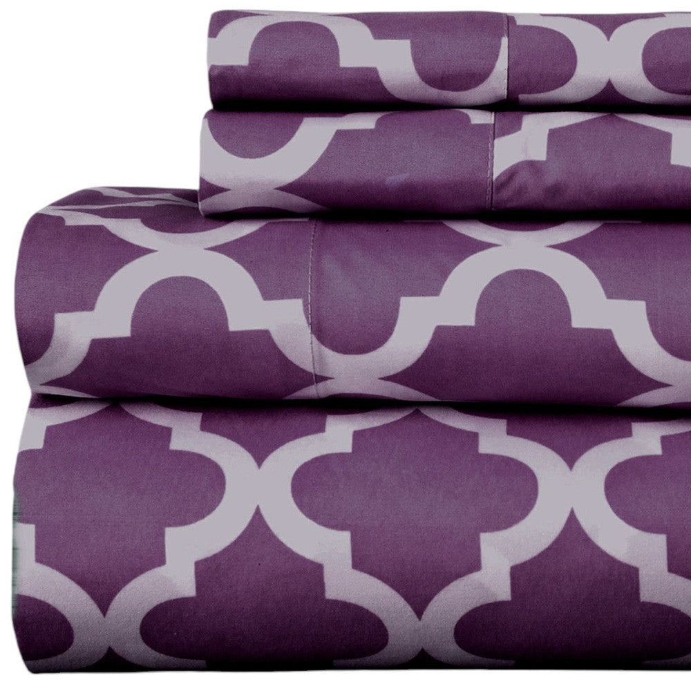 Four Piece Purple and White Quatrefoil Microfiber Full Double Sheet Set