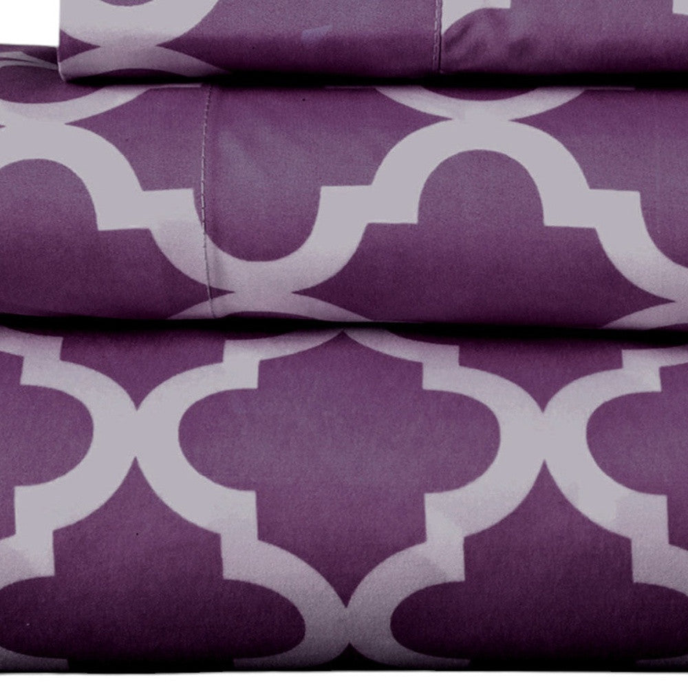 Four Piece Purple and White Quatrefoil Microfiber Full Double Sheet Set