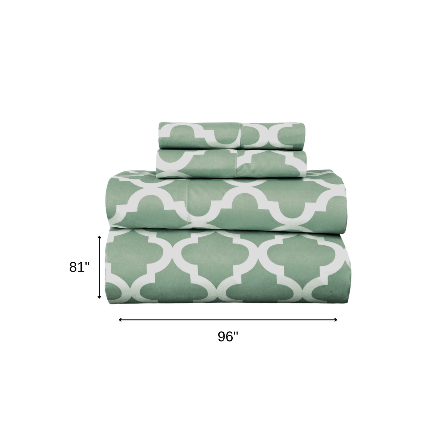 Four Piece Green and White Quatrefoil Microfiber Full Double Sheet Set