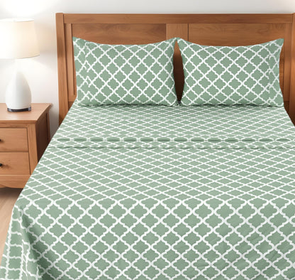 Four Piece Green and White Quatrefoil Microfiber Full Double Sheet Set