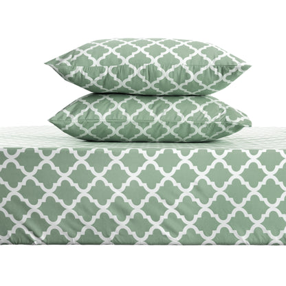 Four Piece Green and White Quatrefoil Microfiber Full Double Sheet Set