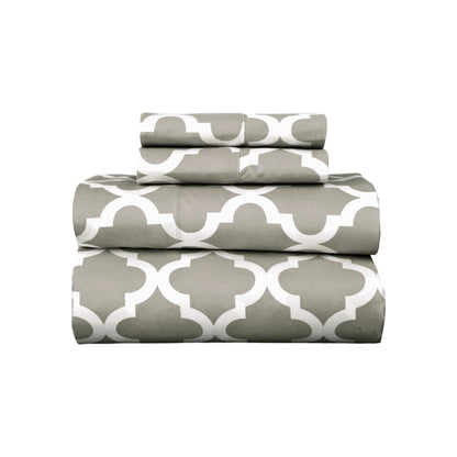 Four Piece Beige and White Quatrefoil Microfiber Full Double Sheet Set