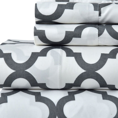 Four Piece White and Charcoal Quatrefoil Microfiber Full Double Sheet Set