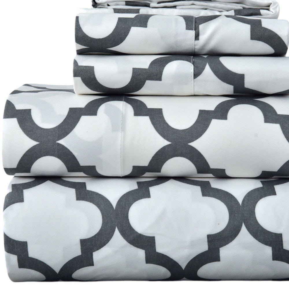 Four Piece White and Charcoal Quatrefoil Microfiber Full Double Sheet Set