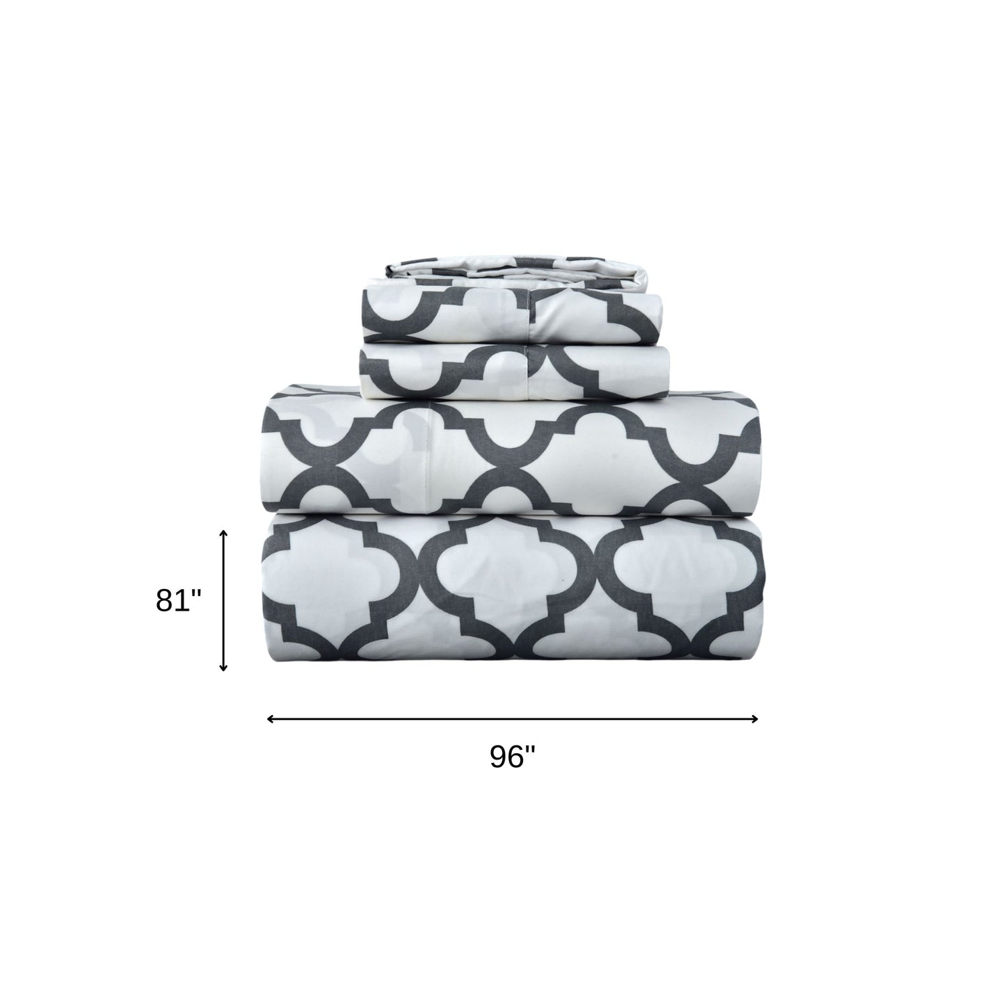 Four Piece White and Charcoal Quatrefoil Microfiber Full Double Sheet Set