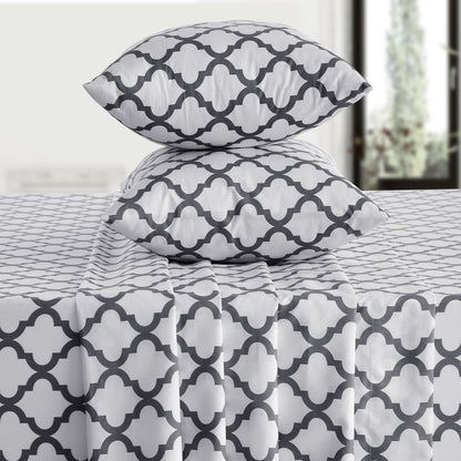 Four Piece White and Charcoal Quatrefoil Microfiber Full Double Sheet Set