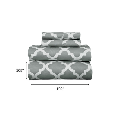 Four Piece Gray and White Quatrefoil Microfiber King Sheet Set