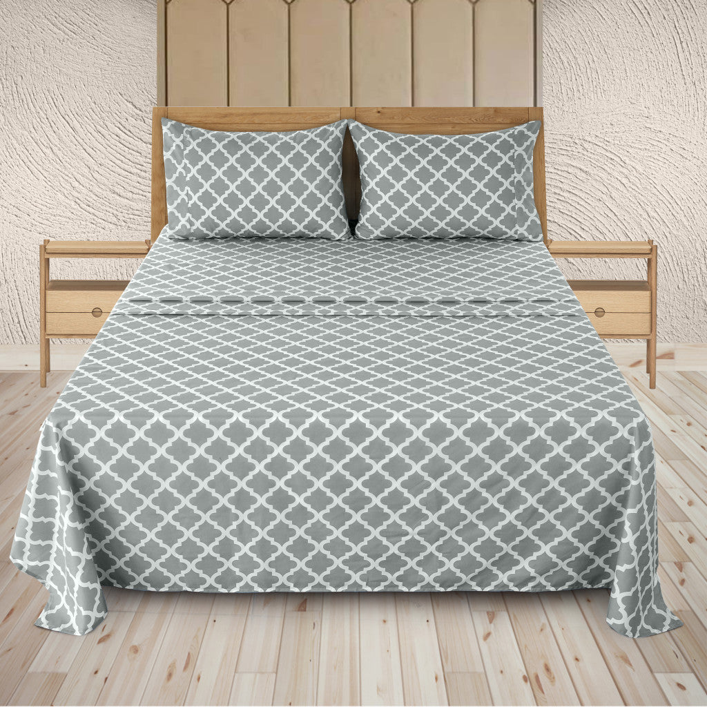 Four Piece Gray and White Quatrefoil Microfiber King Sheet Set