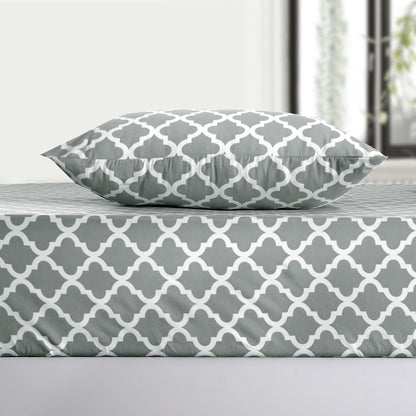 Four Piece Gray and White Quatrefoil Microfiber Queen Sheet Set