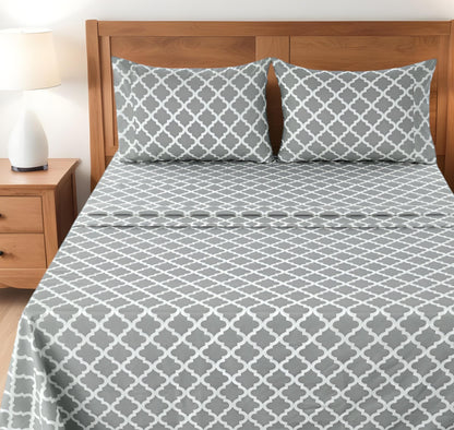 Four Piece Gray and White Quatrefoil Microfiber Queen Sheet Set