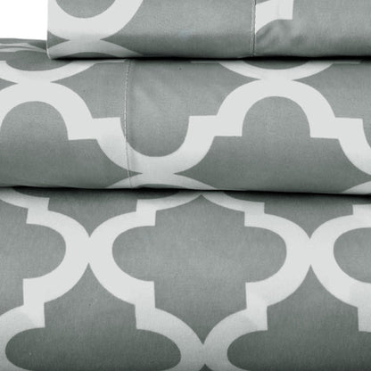 Four Piece Gray and White Quatrefoil Microfiber Queen Sheet Set