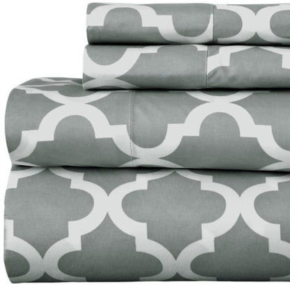 Four Piece Gray and White Quatrefoil Microfiber Queen Sheet Set