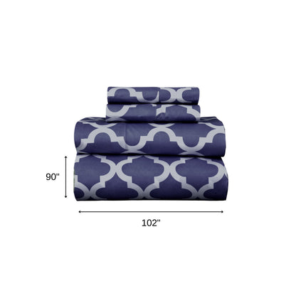 Four Piece Navy and White Quatrefoil Microfiber Queen Sheet Set