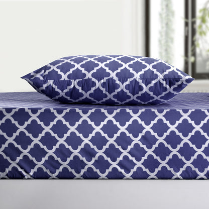 Four Piece Navy and White Quatrefoil Microfiber Queen Sheet Set