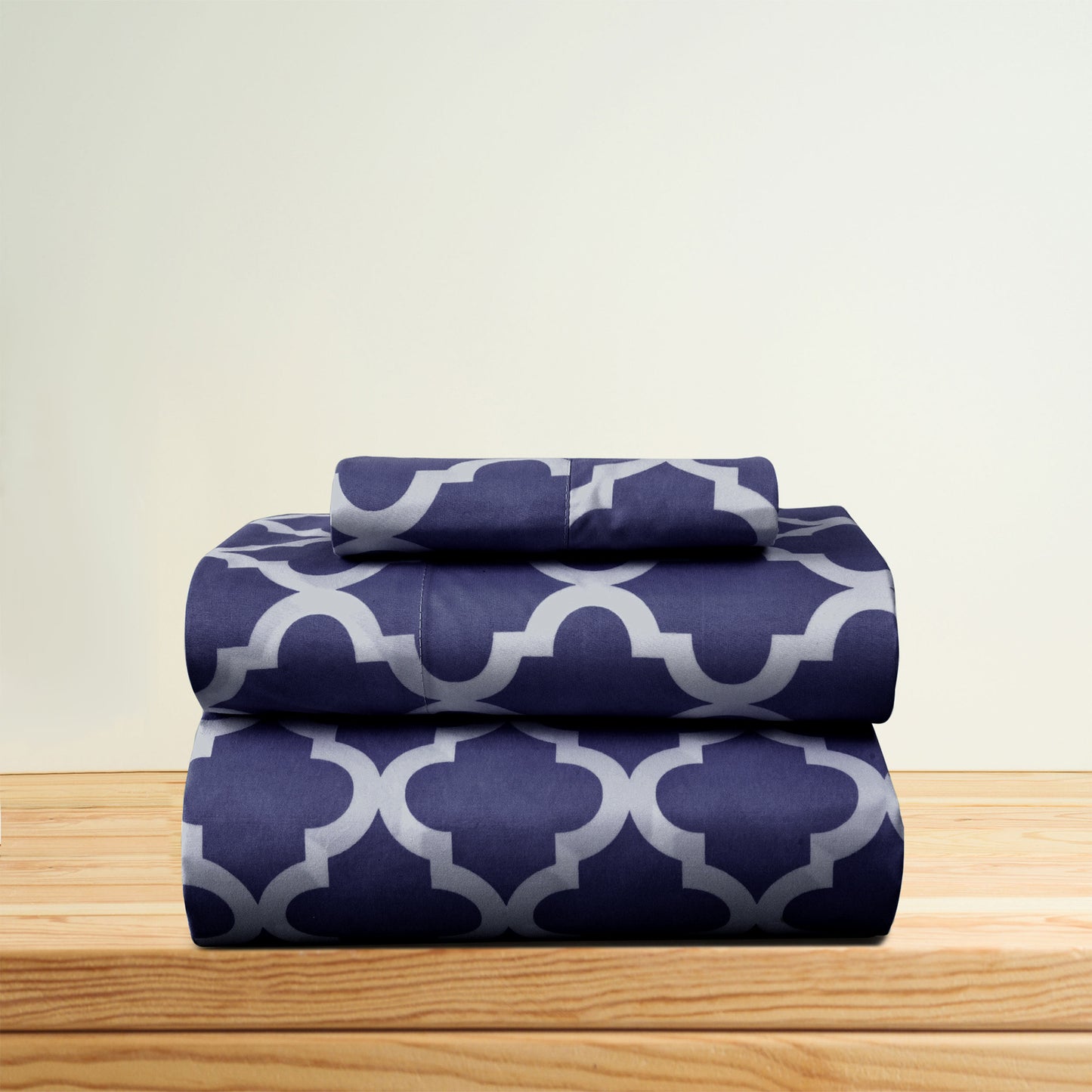 Four Piece Navy and White Quatrefoil Microfiber Queen Sheet Set