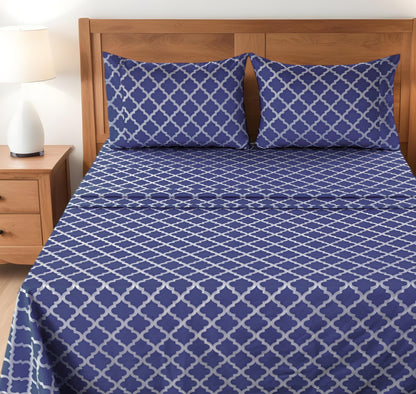 Four Piece Navy and White Quatrefoil Microfiber Queen Sheet Set