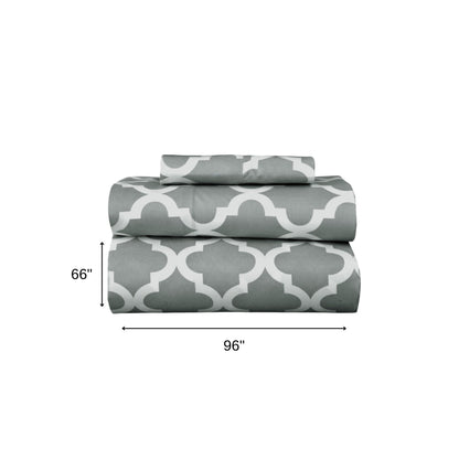 Three Piece Gray and White Quatrefoil Microfiber Sheet Set