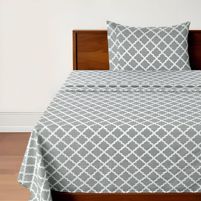 Three Piece Gray and White Quatrefoil Microfiber Sheet Set