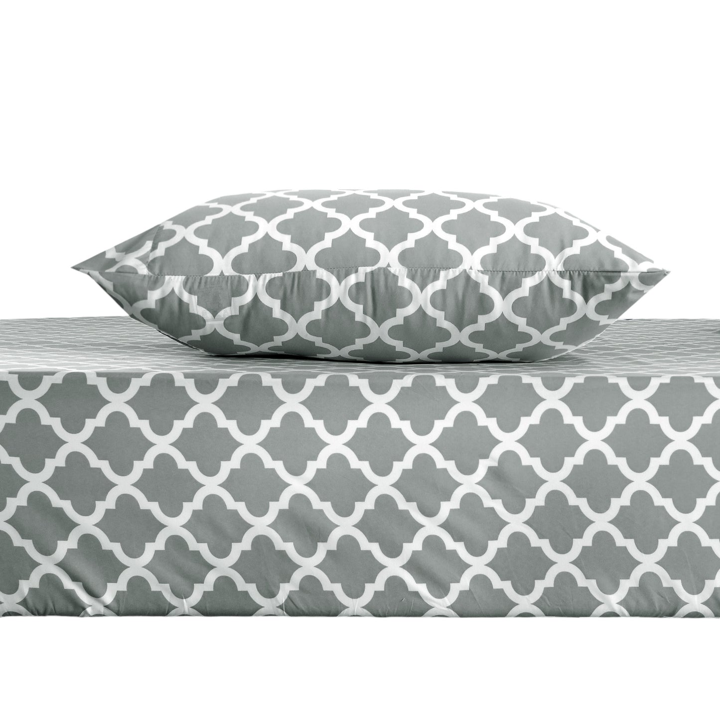 Three Piece Gray and White Quatrefoil Microfiber Sheet Set