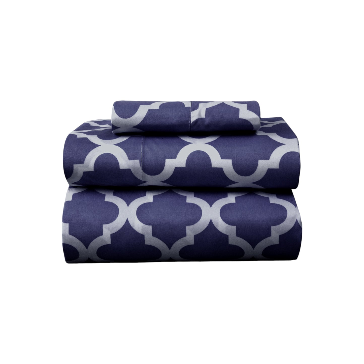 Three Piece Navy and White Quatrefoil Microfiber Twin Sheet Set