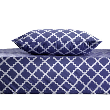 Three Piece Navy and White Quatrefoil Microfiber Twin Sheet Set