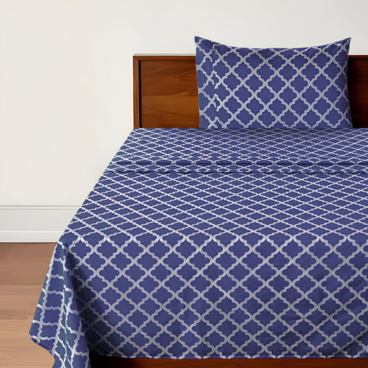 Three Piece Navy and White Quatrefoil Microfiber Twin Sheet Set