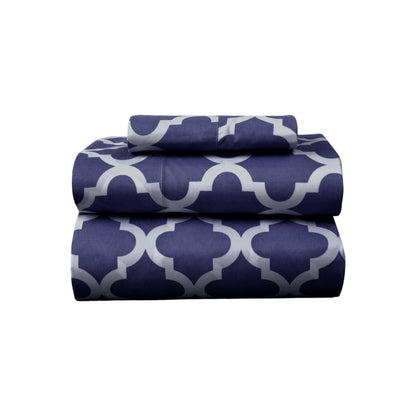 Three Piece Navy and White Quatrefoil Microfiber Sheet Set