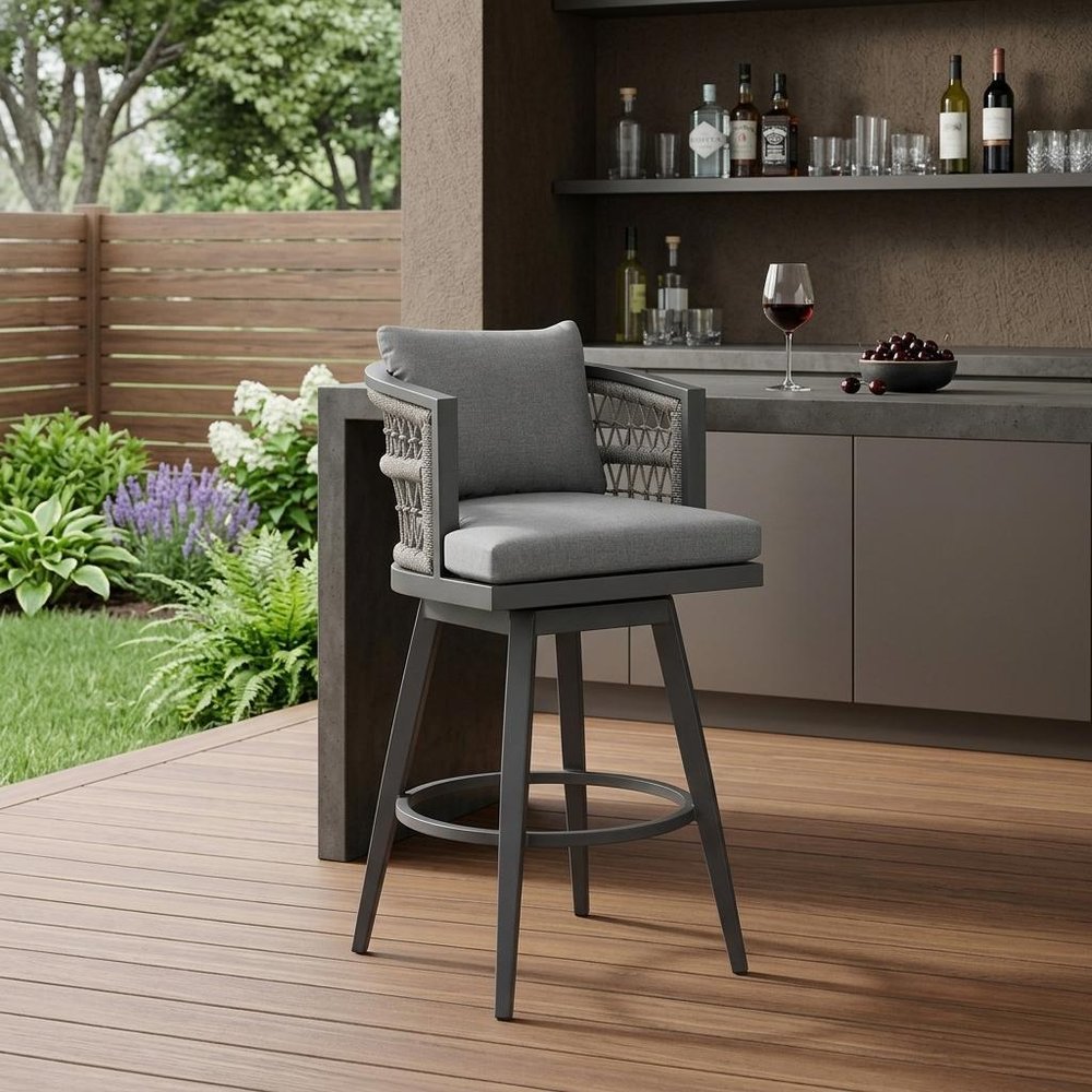37" Gray Metal Swivel Outdoor Counter Height Bar chair with Footrest