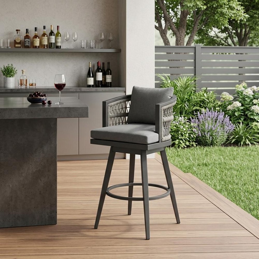 37" Gray Metal Swivel Outdoor Counter Height Bar chair with Footrest