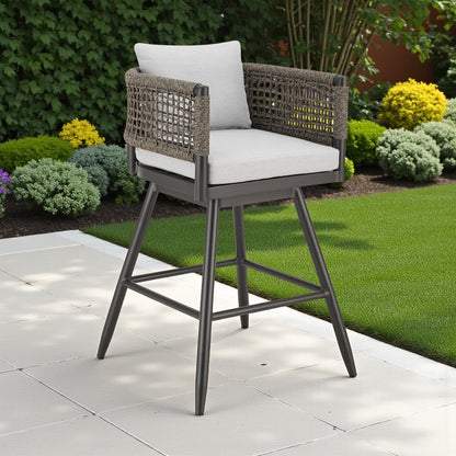 35" Light Gray Metal Swivel Low back Outdoor Counter Height Bar chair with Footrest