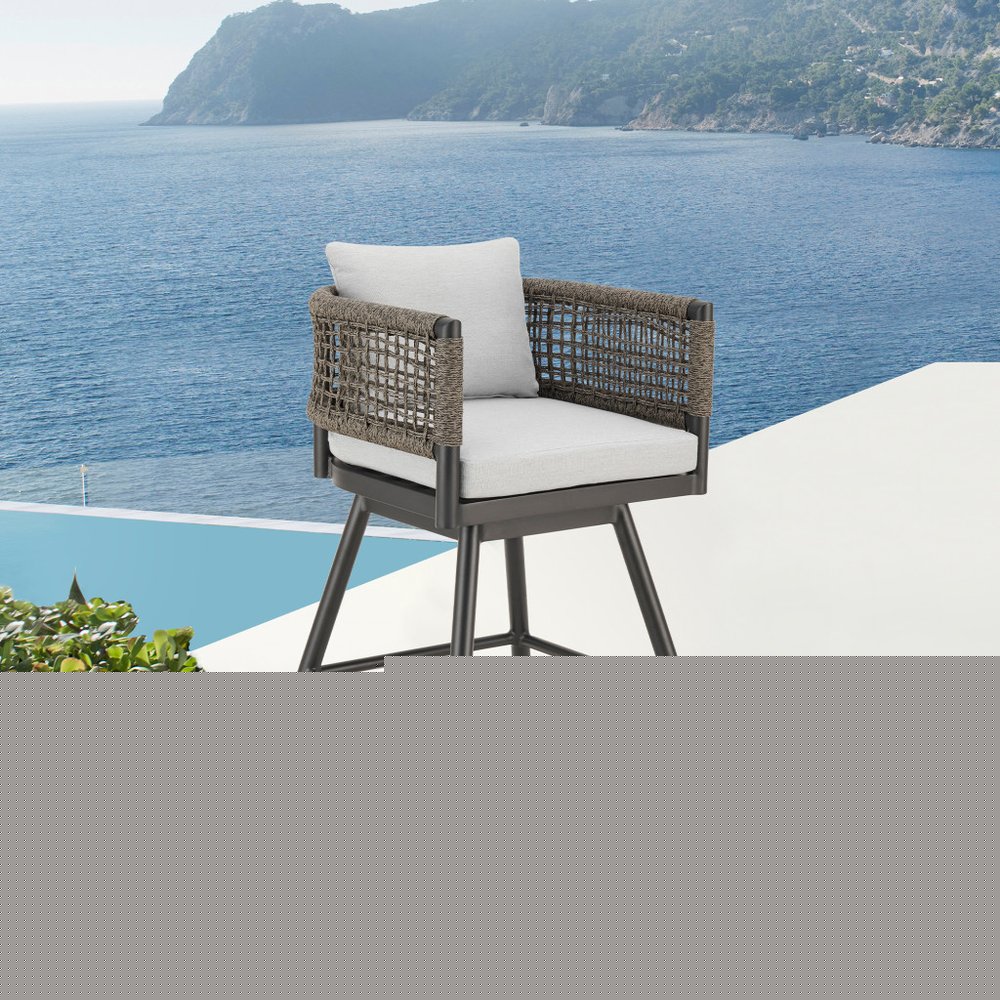35" Light Gray Metal Swivel Low back Outdoor Counter Height Bar chair with Footrest