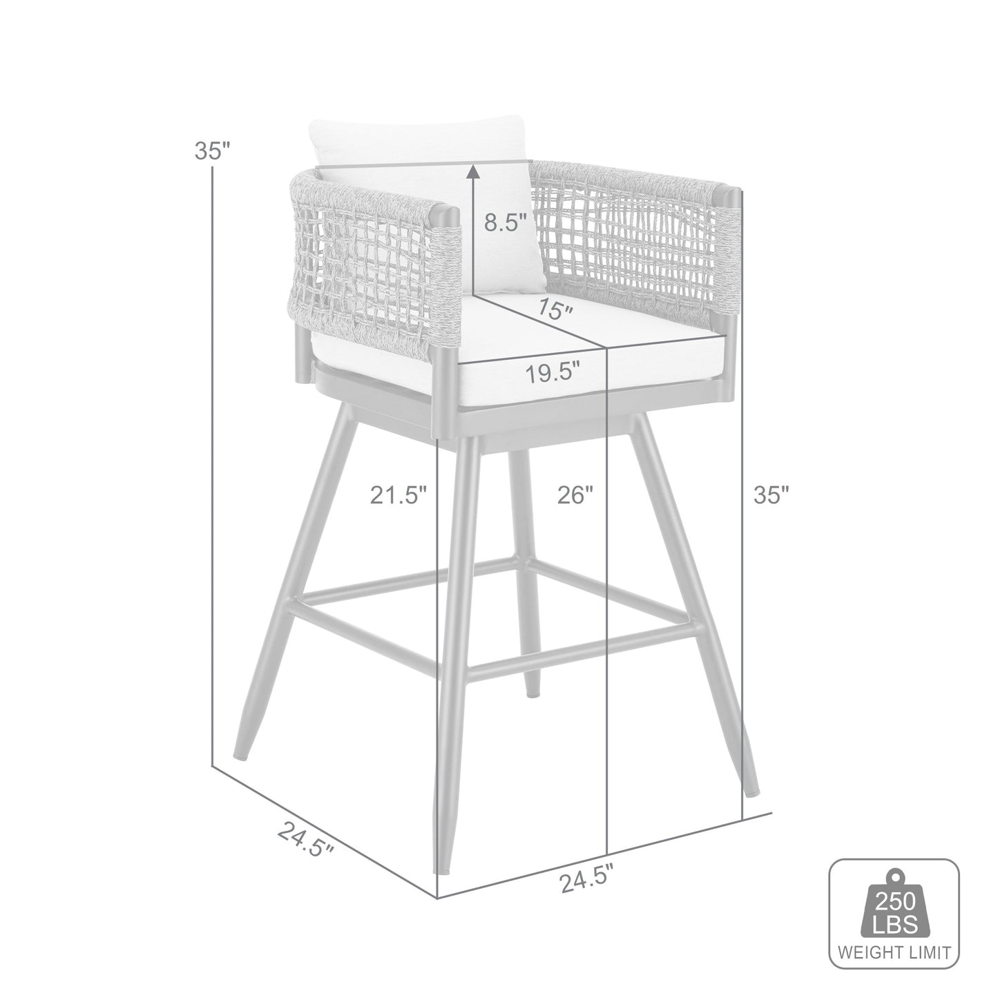 35" Light Gray Metal Swivel Low back Outdoor Counter Height Bar chair with Footrest