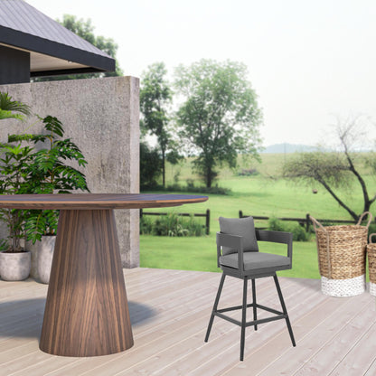 34" Dark Gray Metal Swivel Low back Outdoor Counter Height Bar chair with Footrest