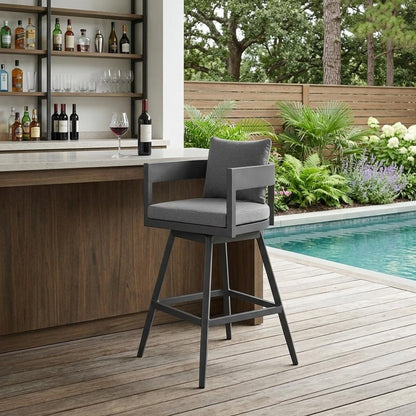 34" Dark Gray Metal Swivel Low back Outdoor Counter Height Bar chair with Footrest