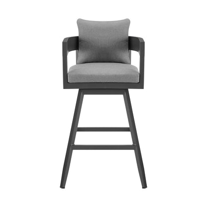 34" Dark Gray Metal Swivel Low back Outdoor Counter Height Bar chair with Footrest