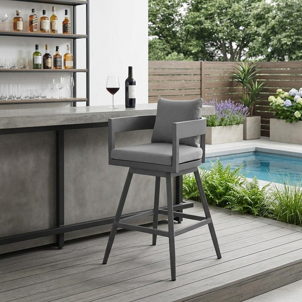 39" Dark Gray Metal Swivel Low back Outdoor Bar Height chair with Footrest