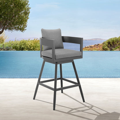 39" Dark Gray Metal Swivel Low back Outdoor Bar Height chair with Footrest