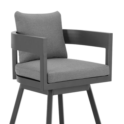39" Dark Gray Metal Swivel Low back Outdoor Bar Height chair with Footrest