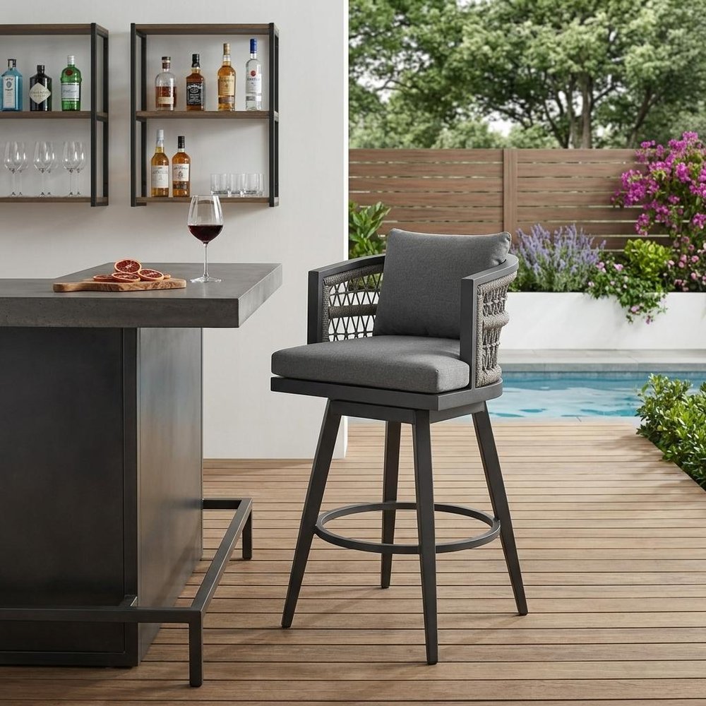 40" Gray Metal Swivel Outdoor Bar Height chair with Footrest