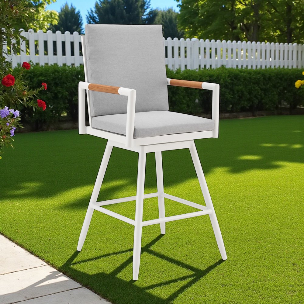 43" Light Gray Metal Swivel Outdoor Counter Height Bar chair with Footrest