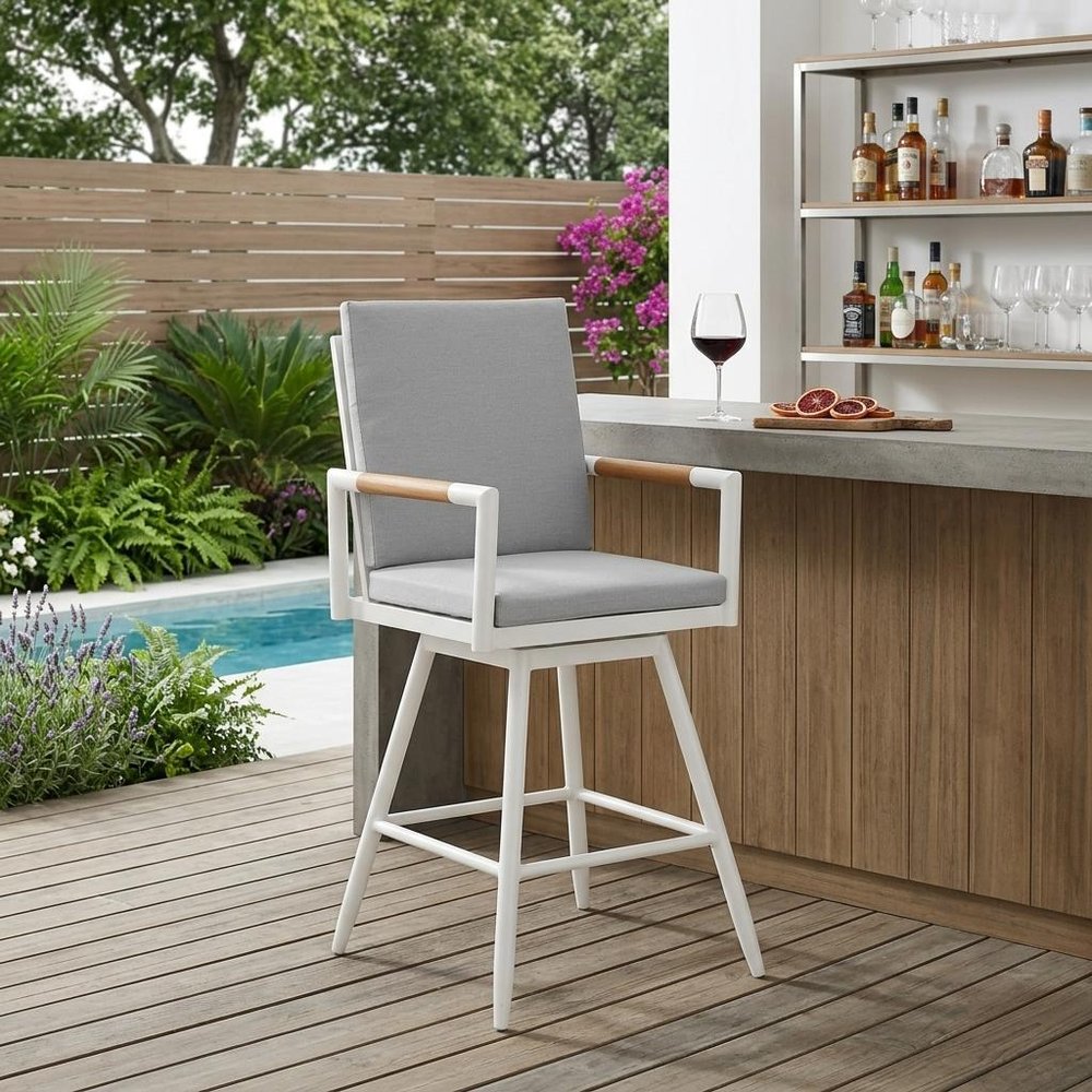 48" Light Gray Metal Swivel Outdoor Bar Height chair with Footrest