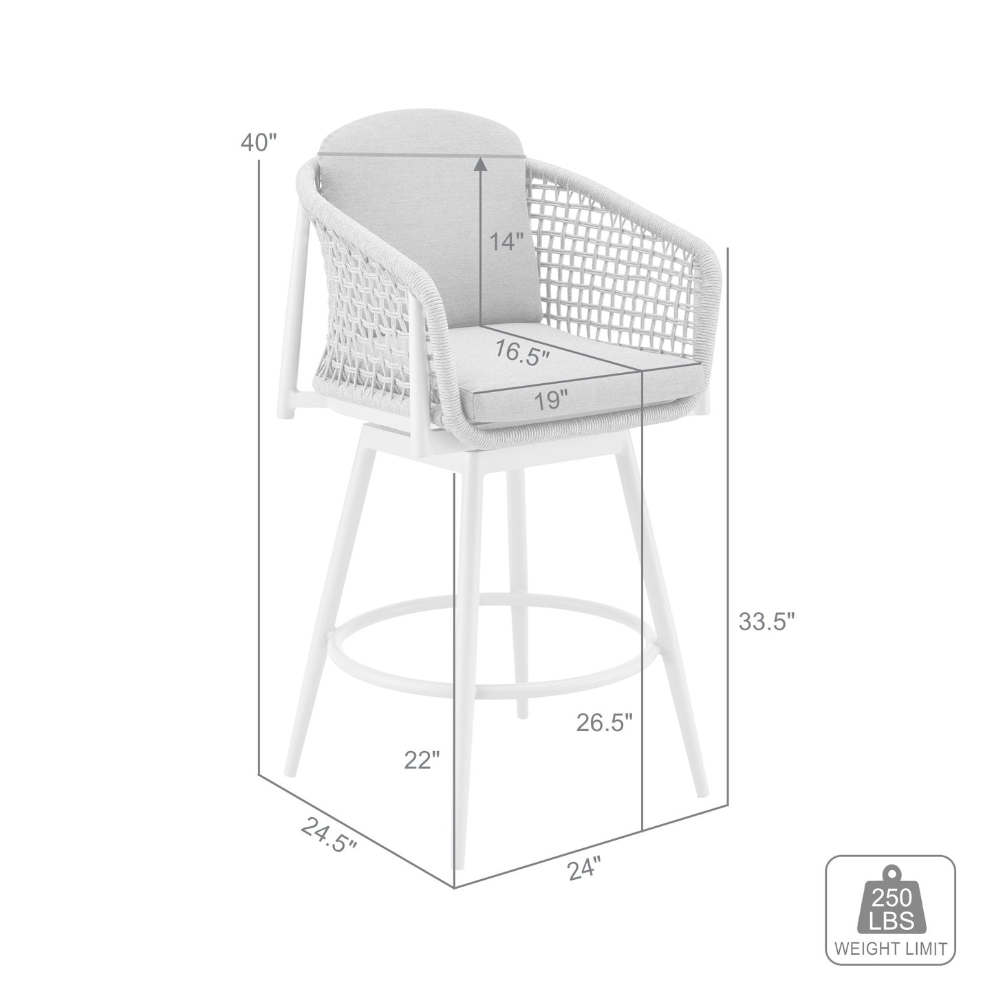 40" Light Gray Metal Swivel Outdoor Counter Height Bar chair with Footrest