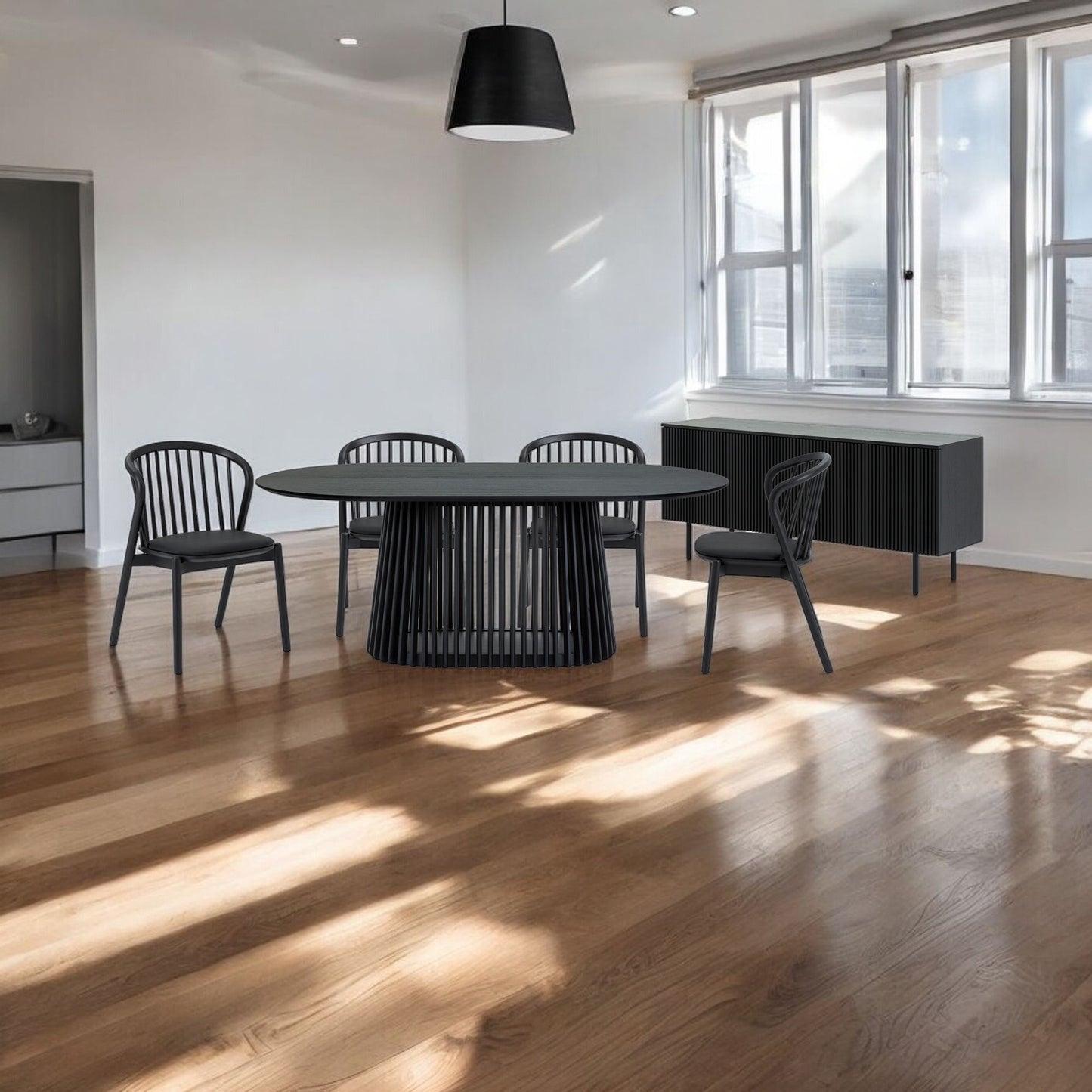 Six Piece Black Oval Dining Set with Four Chairs and Sideboard