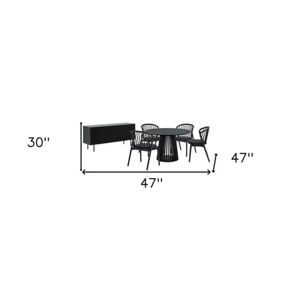 Six Piece Black Round Dining Set with Four Chairs and Sideboard