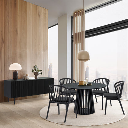 Six Piece Black Round Dining Set with Four Chairs and Sideboard