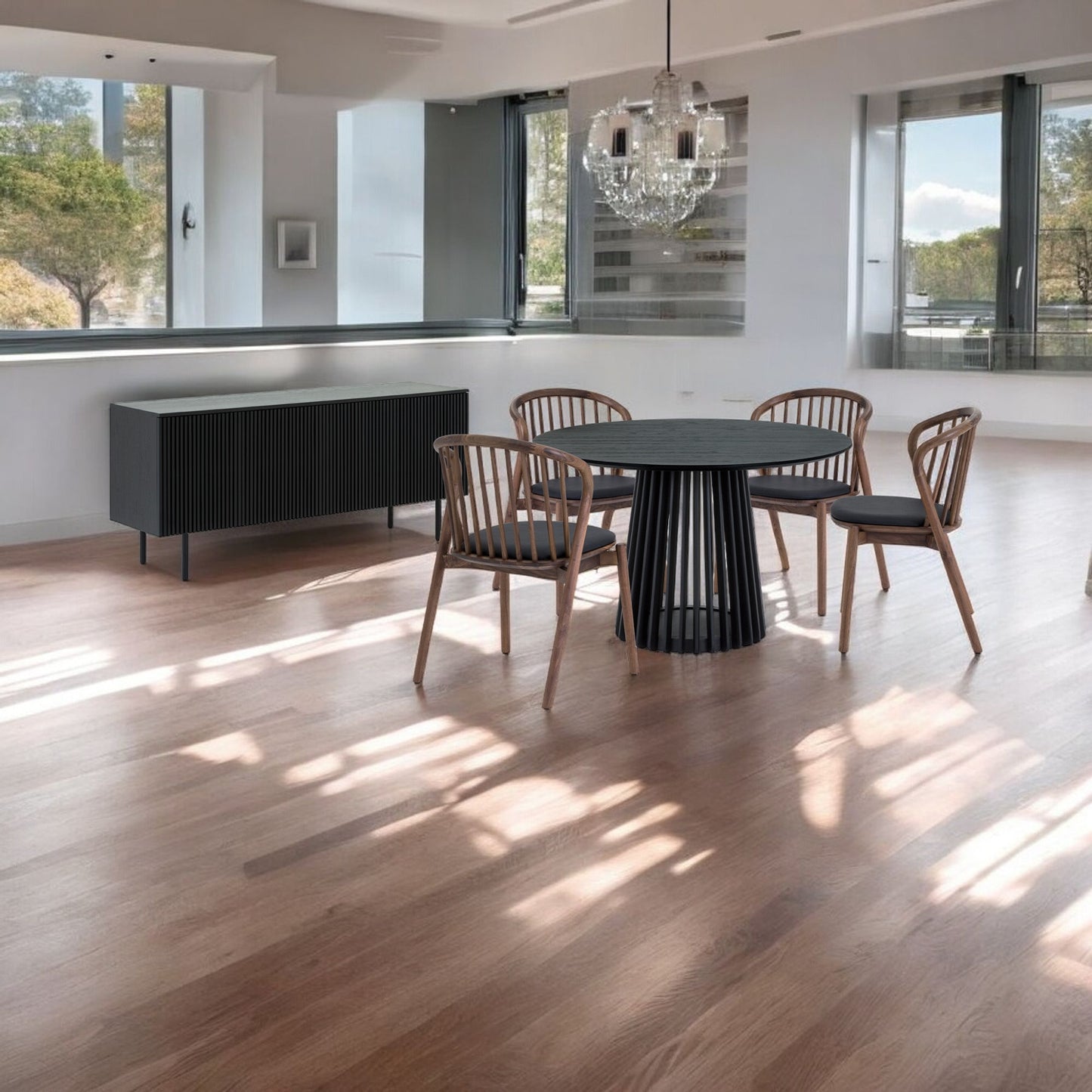 Six Piece Black Round Dining Set with Four Chairs and Sideboard