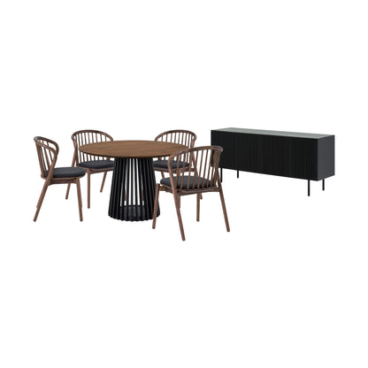 Six Piece Brown and Black Round Dining Set with Four Chairs and Sideboard