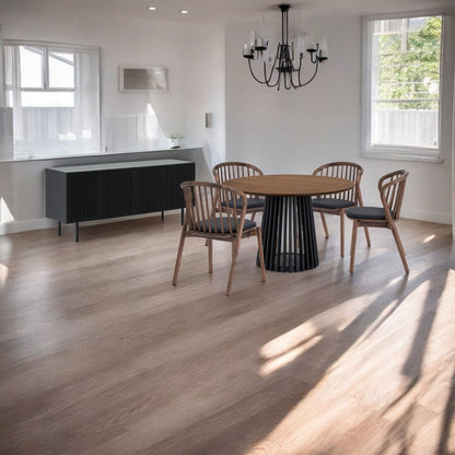 Six Piece Brown and Black Round Dining Set with Four Chairs and Sideboard