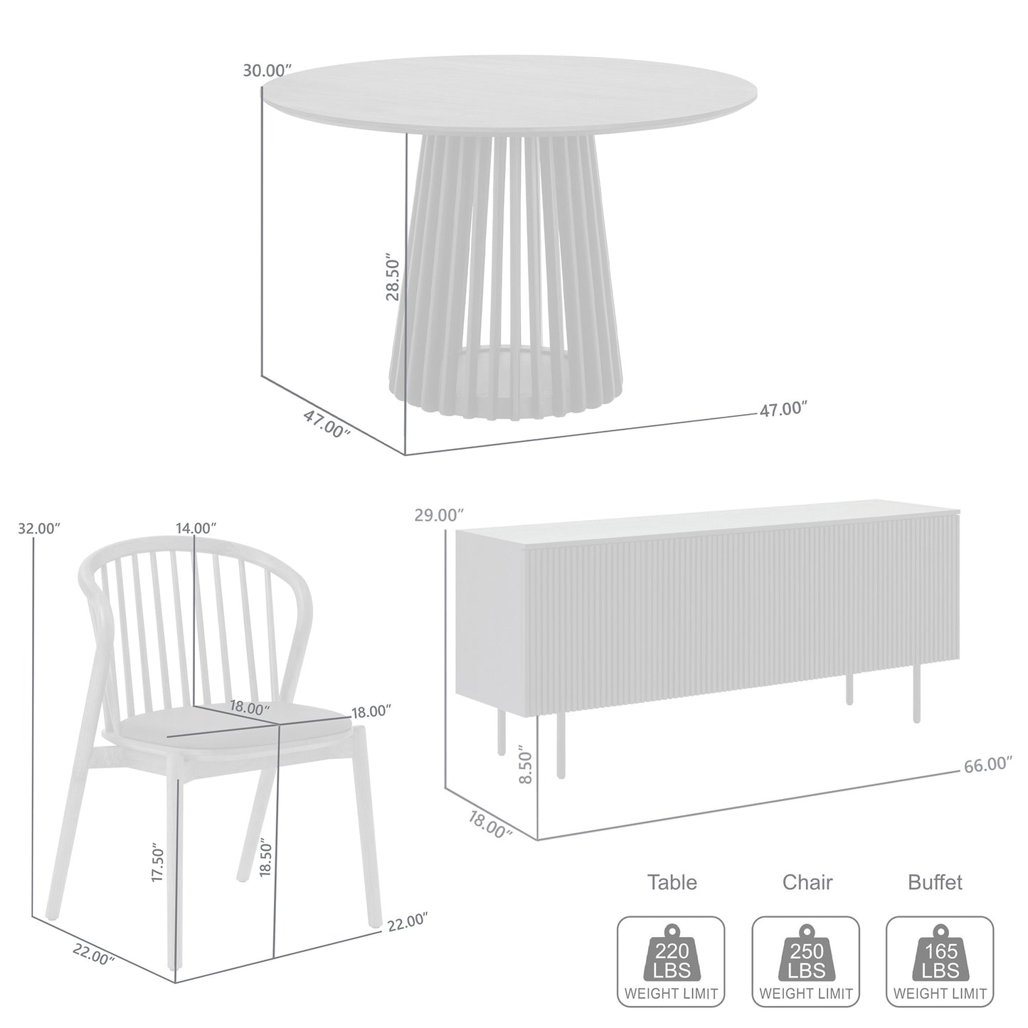 Six Piece Brown and Black Round Dining Set with Four Chairs and Sideboard