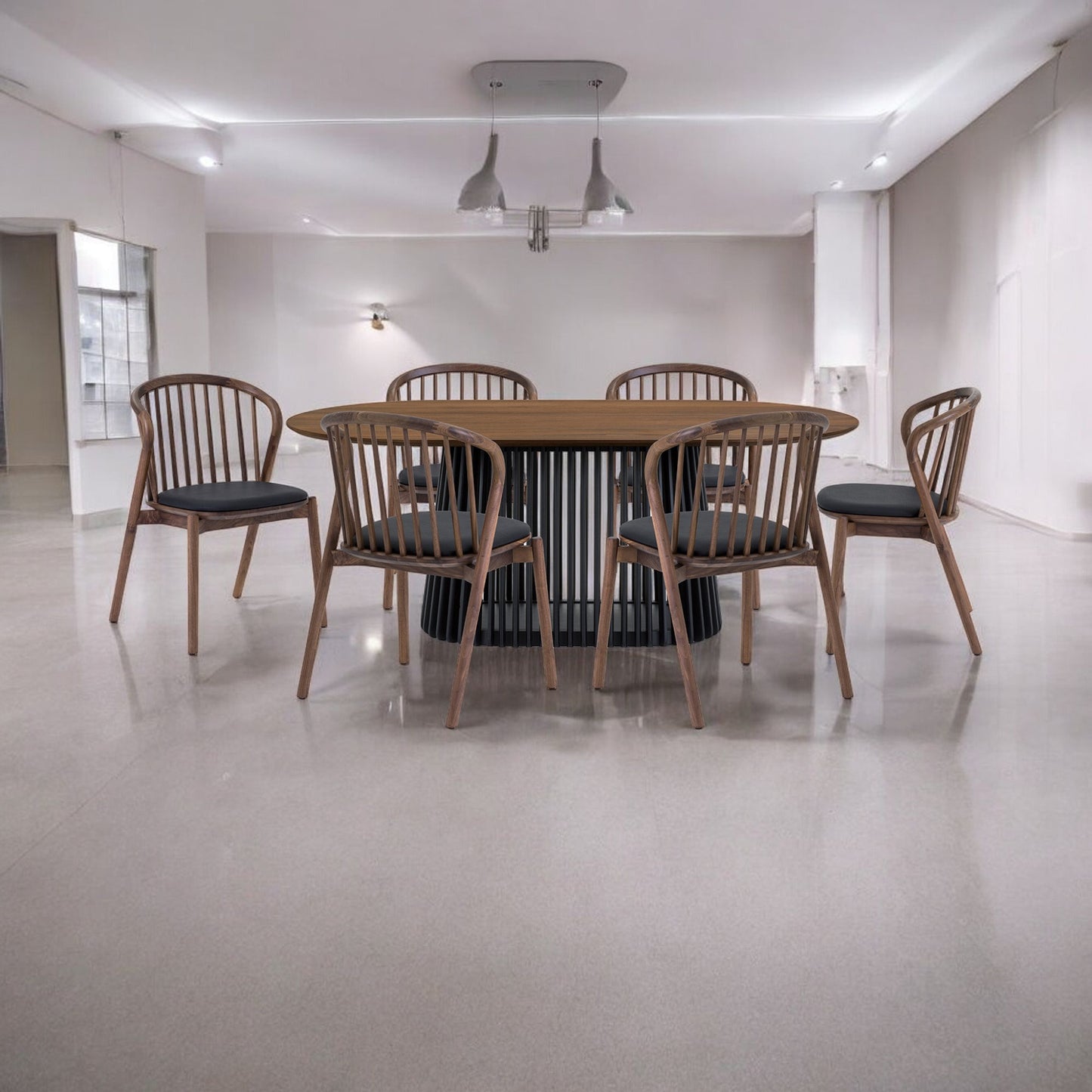 Seven Piece Brown and Black Oval Dining Set with Six Chairs